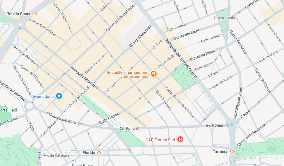 Mapa de la zona de la Florida en L'Hospitalet con la ubicación de Bocadillos Number One